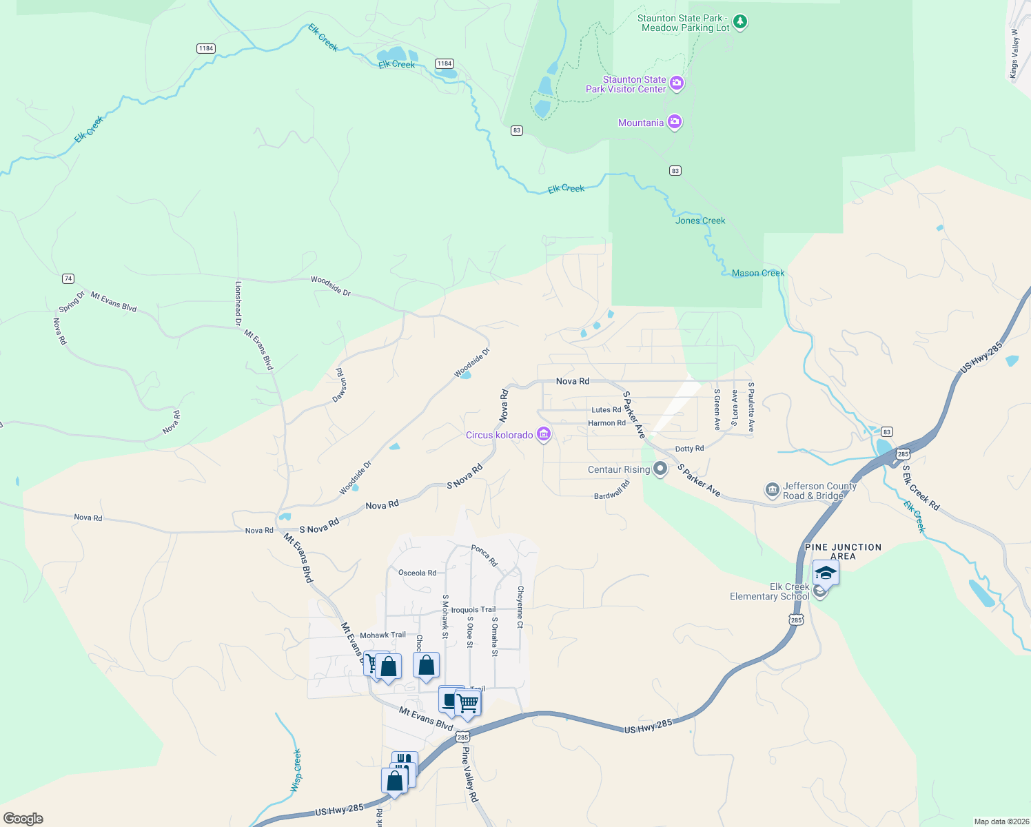 map of restaurants, bars, coffee shops, grocery stores, and more near 3550 Nova Road in Pine