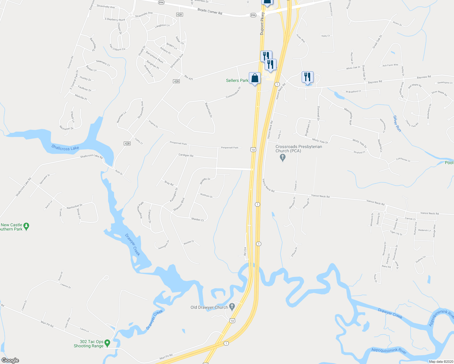 map of restaurants, bars, coffee shops, grocery stores, and more near 424 Waltham Drive in Middletown