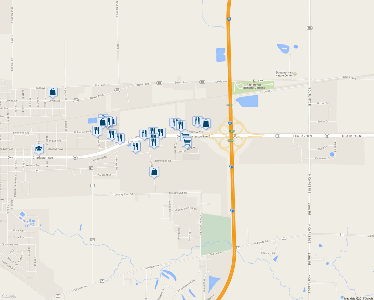 map of restaurants, bars, coffee shops, grocery stores, and more near Fort Worth Way in Mattoon