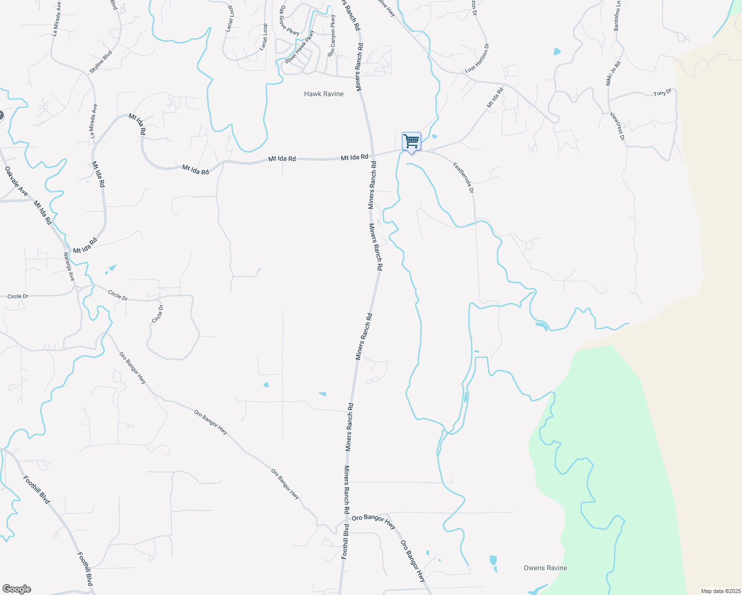 map of restaurants, bars, coffee shops, grocery stores, and more near 5535 Miners Ranch Road in Oroville
