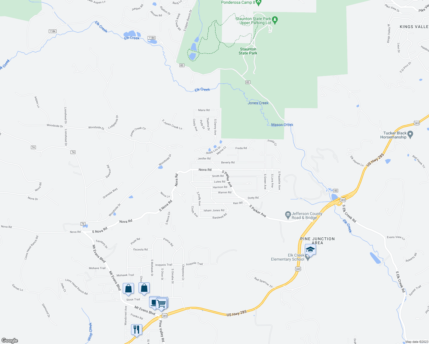 map of restaurants, bars, coffee shops, grocery stores, and more near 33782 Nova Road in Pine