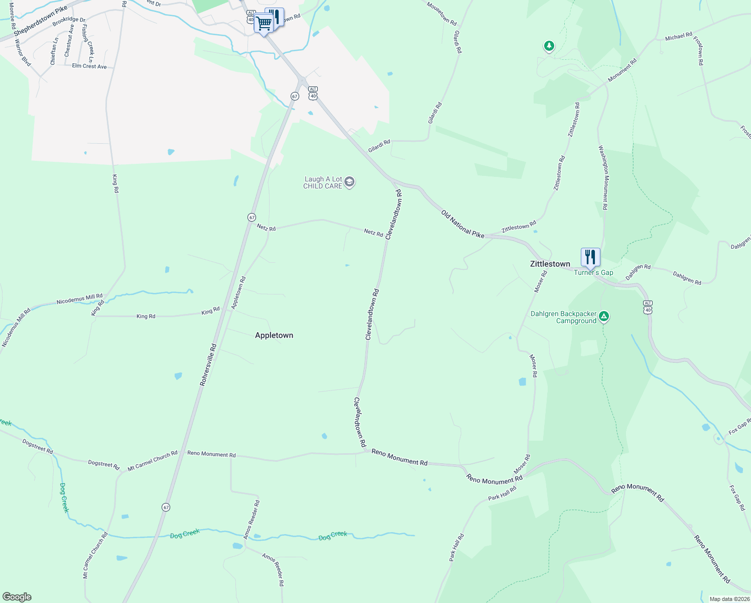 map of restaurants, bars, coffee shops, grocery stores, and more near 6111 Clevelandtown Road in Boonsboro
