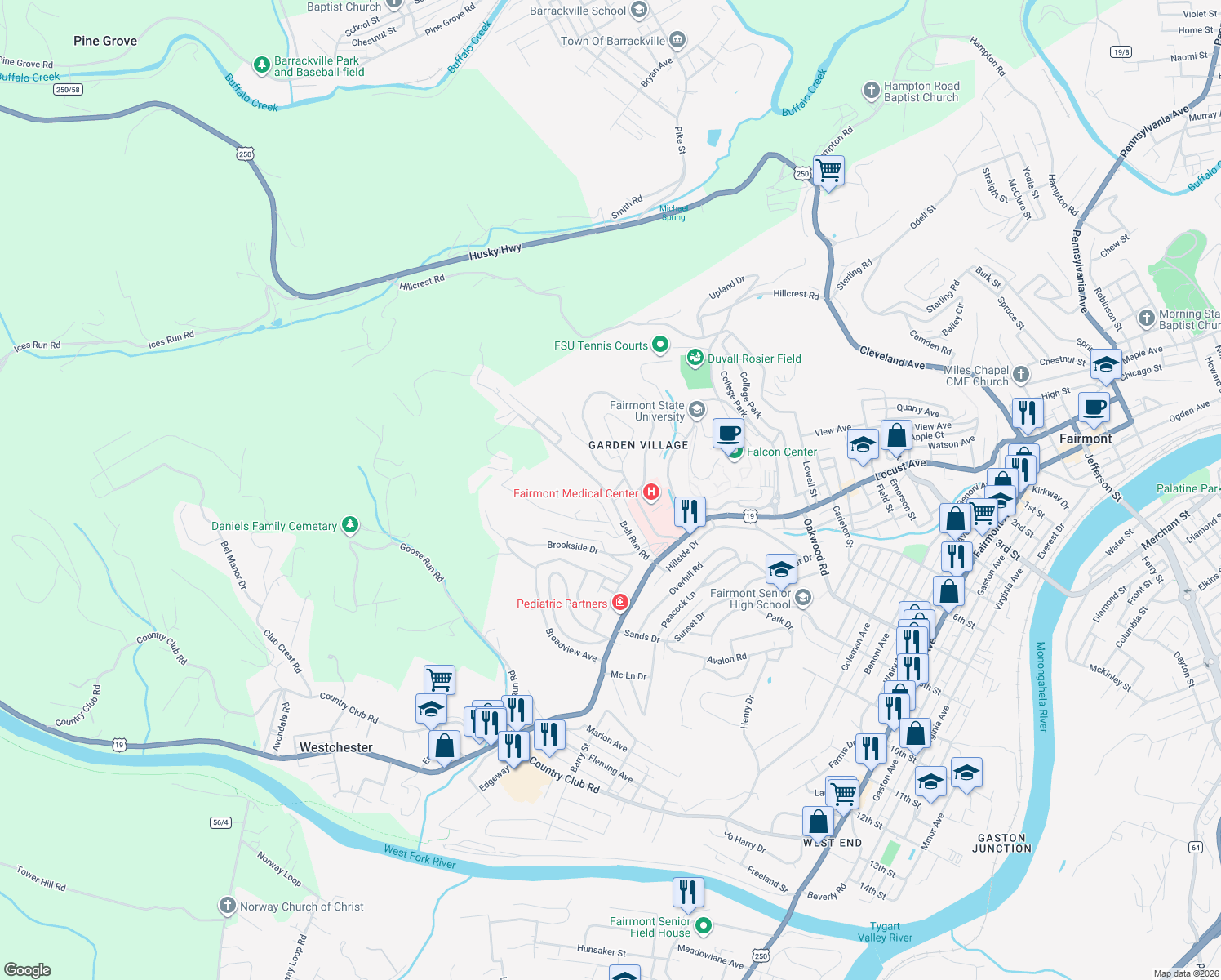 map of restaurants, bars, coffee shops, grocery stores, and more near 100 Cardinal Pl in Fairmont