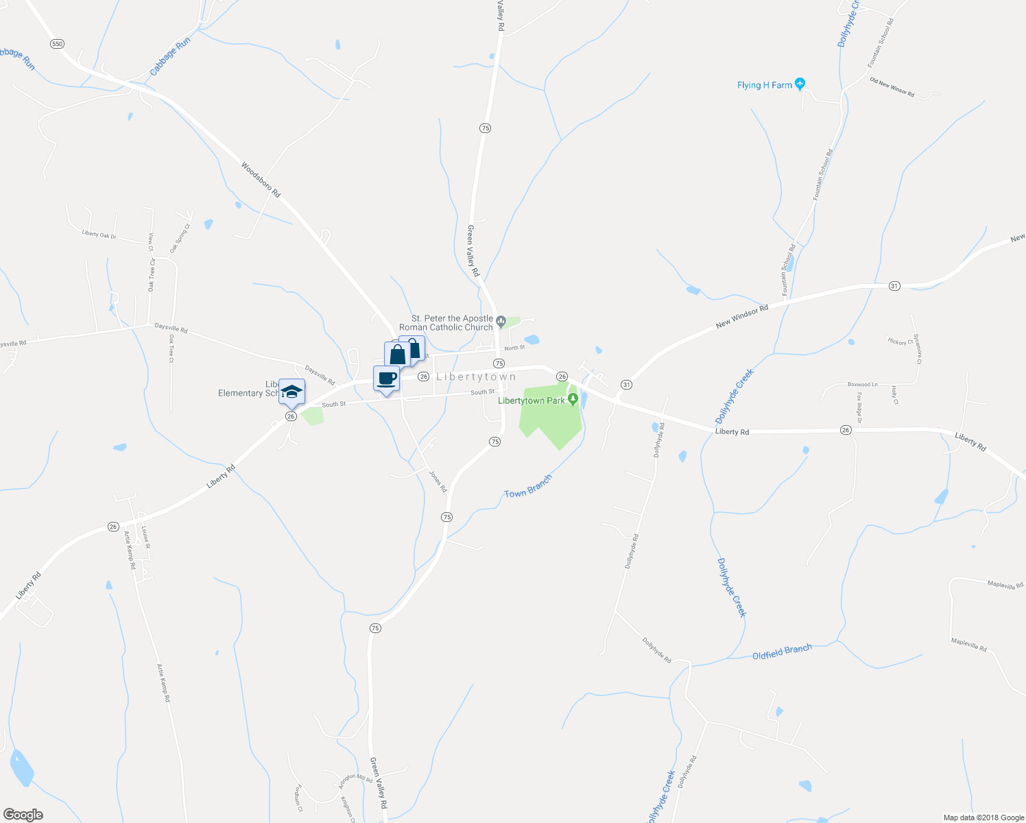 map of restaurants, bars, coffee shops, grocery stores, and more near 9011 Walnut Street in Union Bridge
