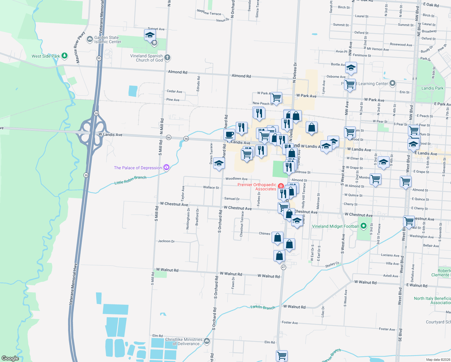 map of restaurants, bars, coffee shops, grocery stores, and more near 1391 Woodlawn Avenue in Vineland
