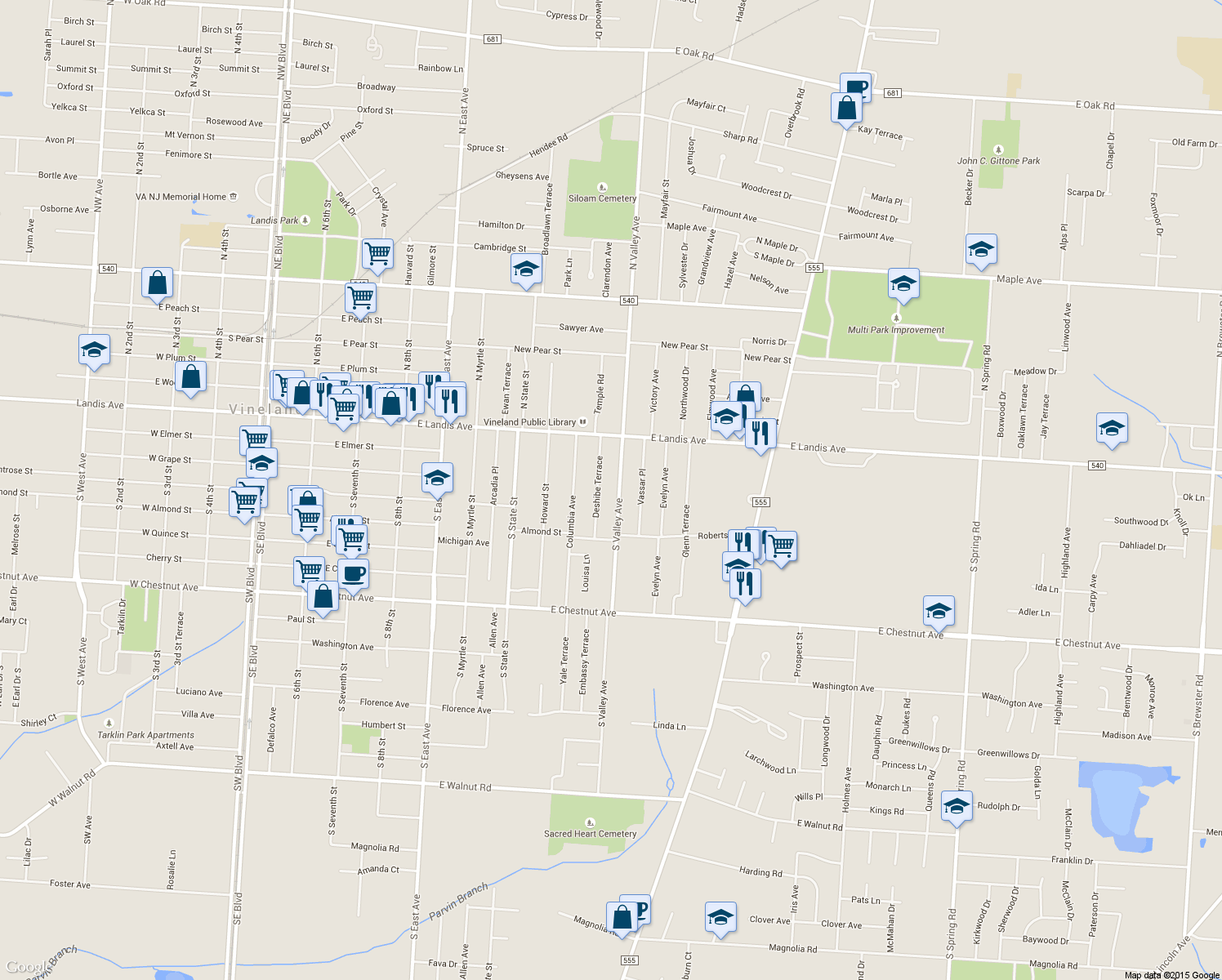 map of restaurants, bars, coffee shops, grocery stores, and more near 22 South Valley Avenue in Vineland
