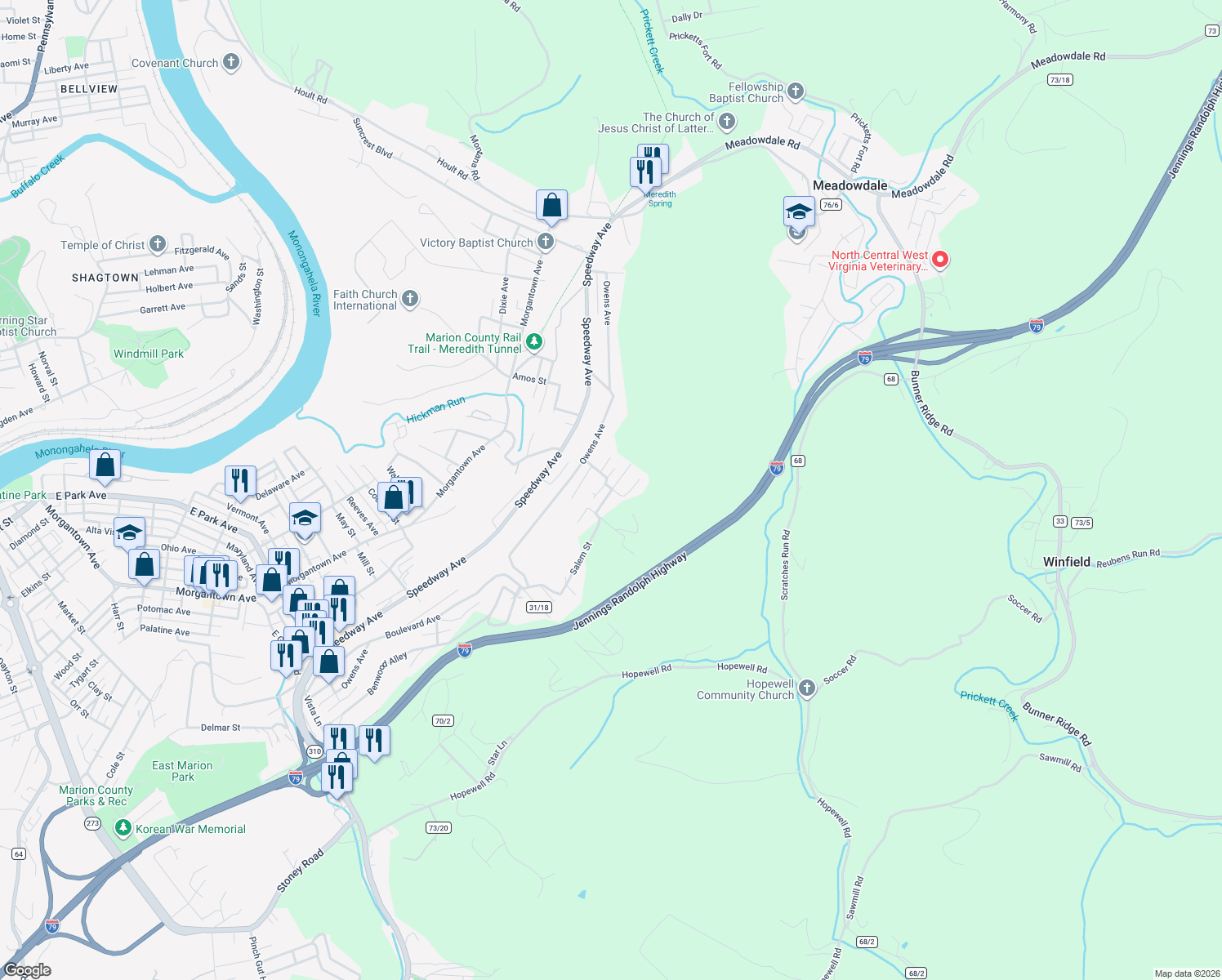 map of restaurants, bars, coffee shops, grocery stores, and more near 89 Kerns Ave in Fairmont