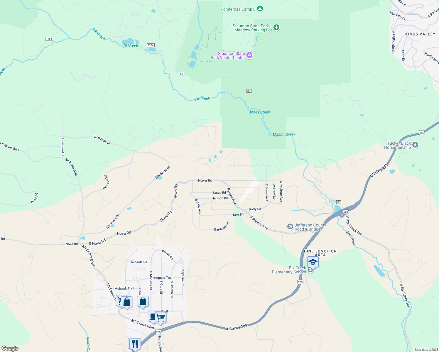 map of restaurants, bars, coffee shops, grocery stores, and more near 33782 Nova Road in Pine