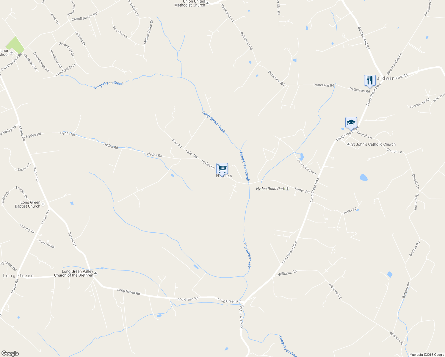 map of restaurants, bars, coffee shops, grocery stores, and more near 5235 Hydes Road in Hydes