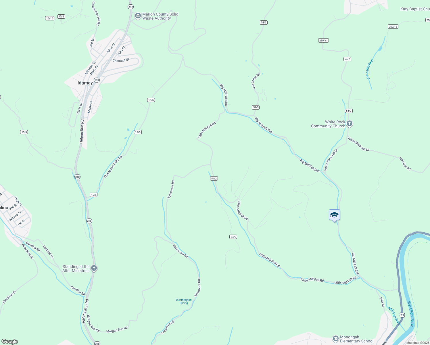 map of restaurants, bars, coffee shops, grocery stores, and more near 606 Little Mill Fall Road in Fairmont