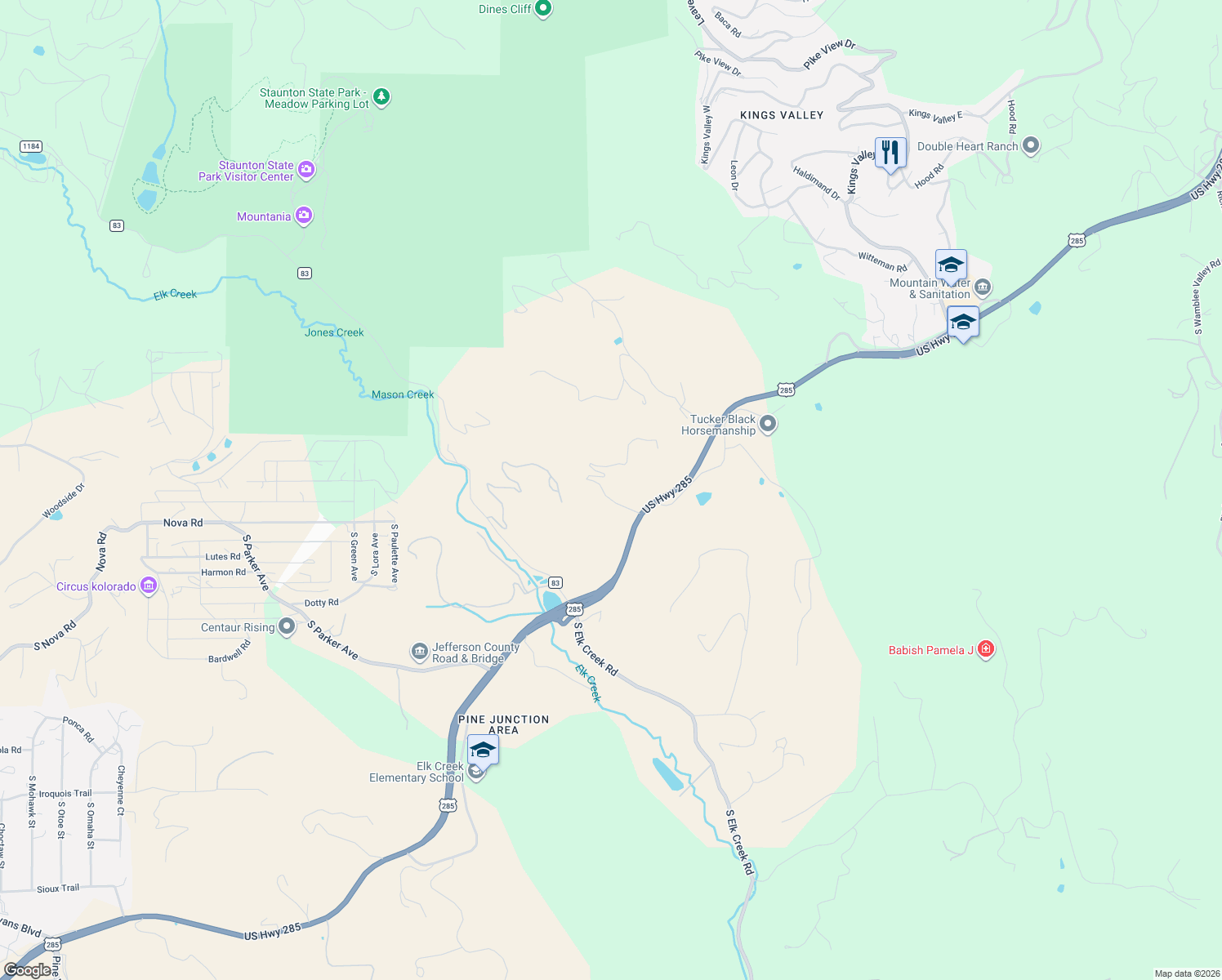 map of restaurants, bars, coffee shops, grocery stores, and more near 12650 Elk Haven Lane in Conifer