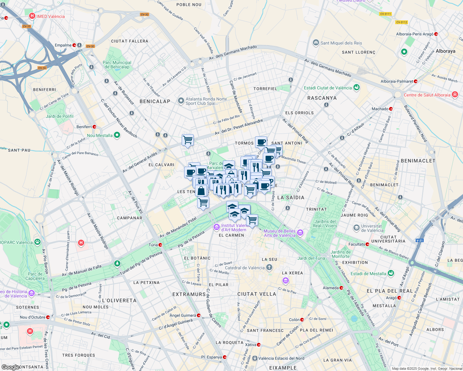 map of restaurants, bars, coffee shops, grocery stores, and more near in Valencia