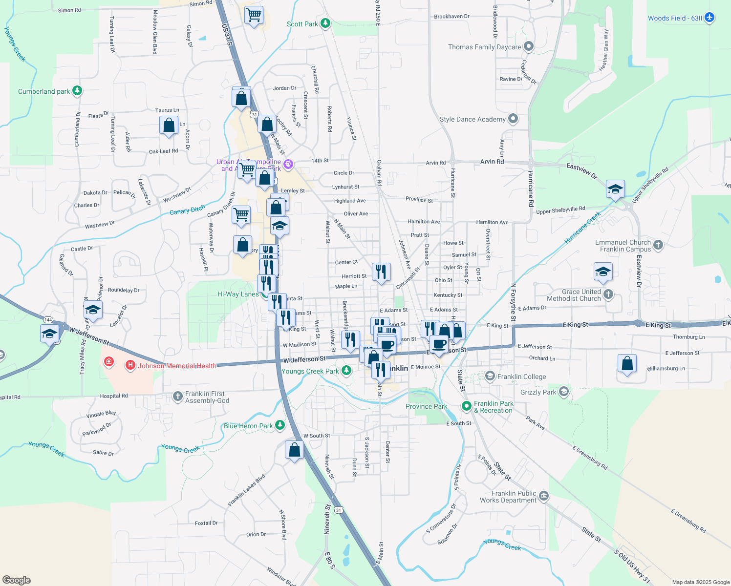 map of restaurants, bars, coffee shops, grocery stores, and more near 98 Banta Street in Franklin