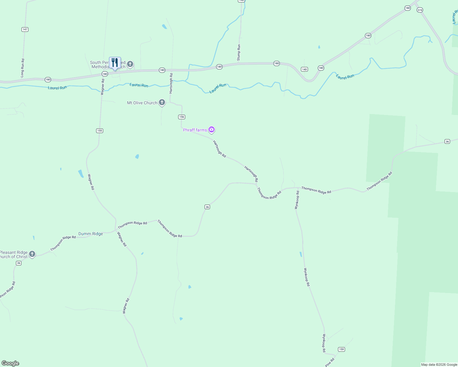 map of restaurants, bars, coffee shops, grocery stores, and more near 20554 Thompson Ridge Road in Laurelville