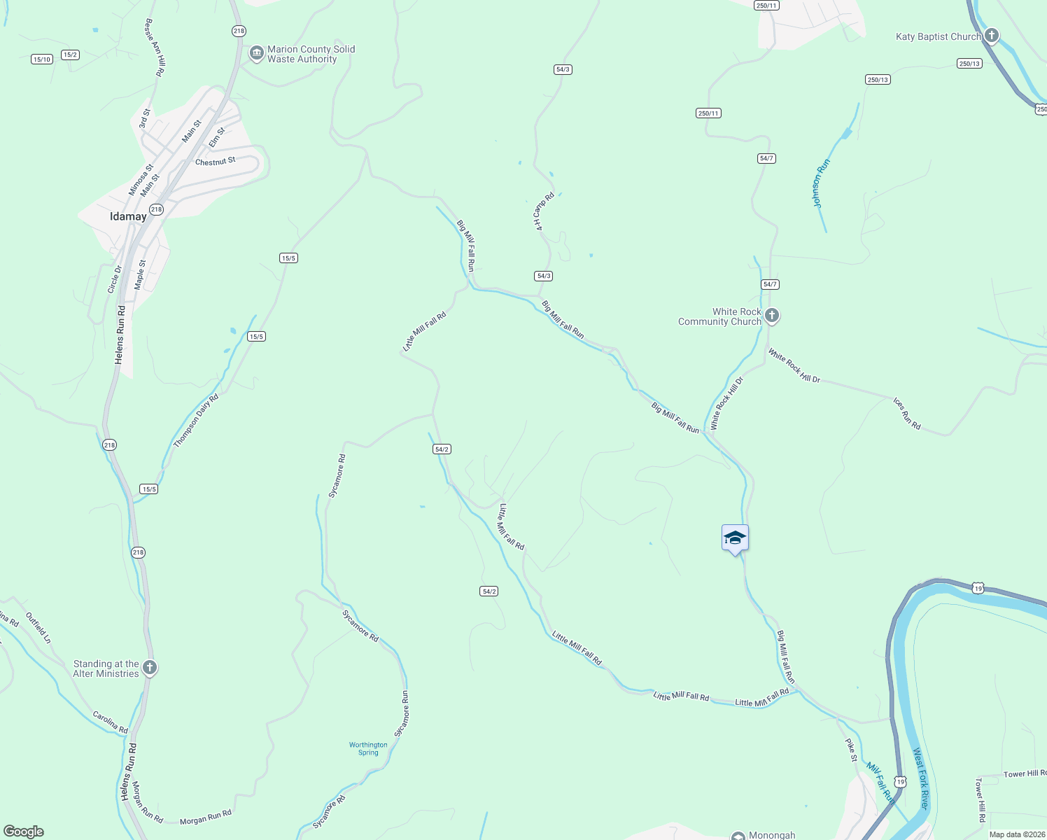 map of restaurants, bars, coffee shops, grocery stores, and more near 606 Little Mill Fall Road in Fairmont