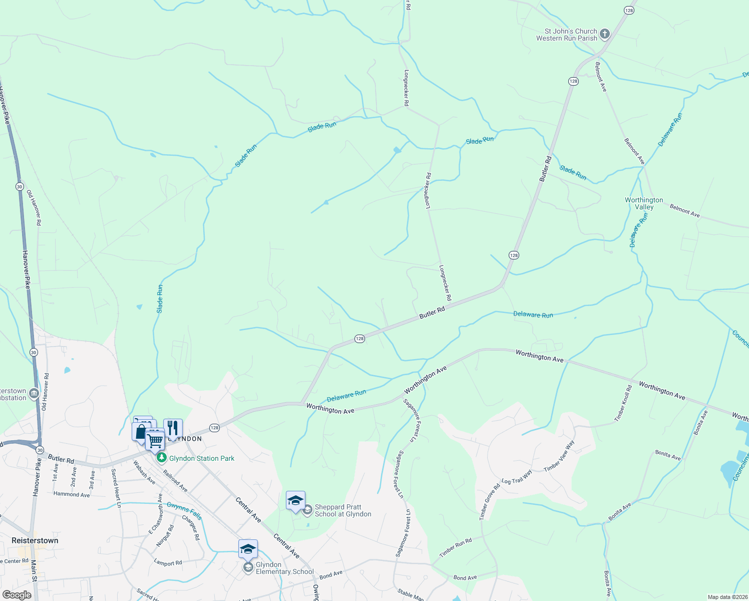 map of restaurants, bars, coffee shops, grocery stores, and more near 4242 Butler Road in Reisterstown