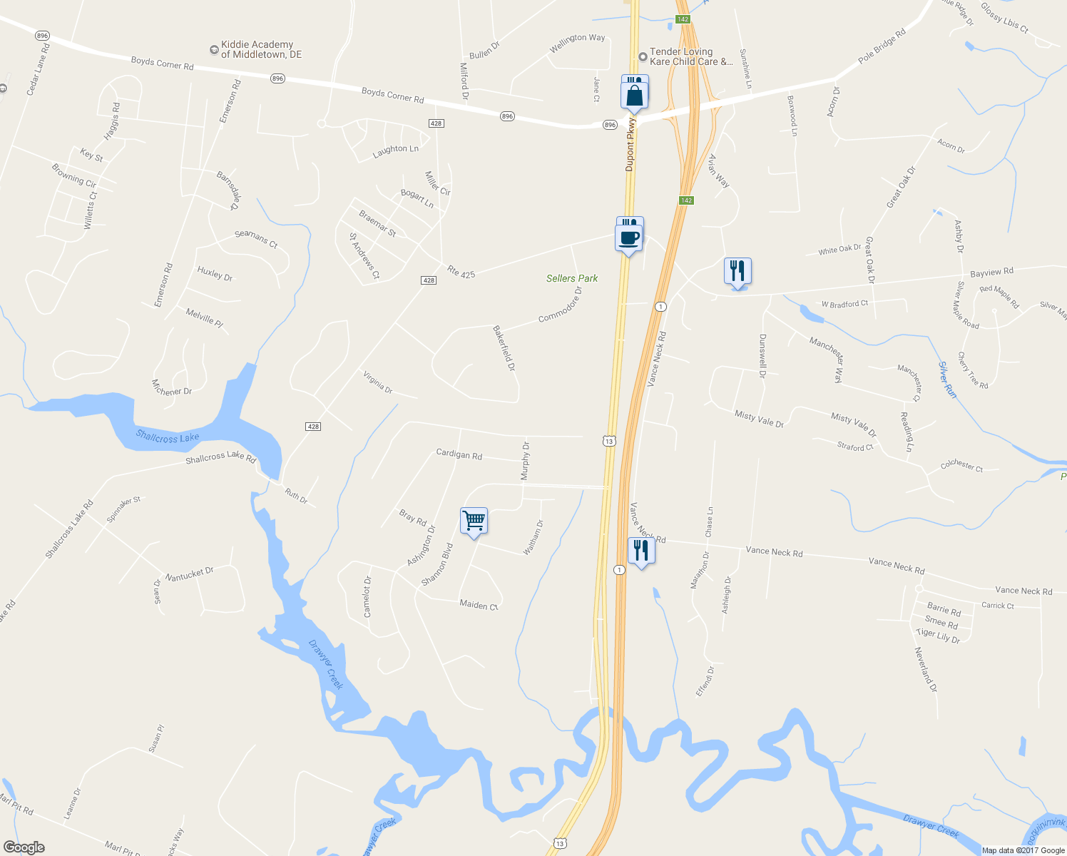 map of restaurants, bars, coffee shops, grocery stores, and more near 1214 Pimpernell Path in Middletown