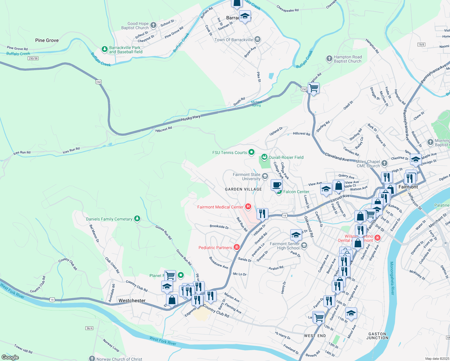 map of restaurants, bars, coffee shops, grocery stores, and more near 1227 Woodland Crescent in Fairmont