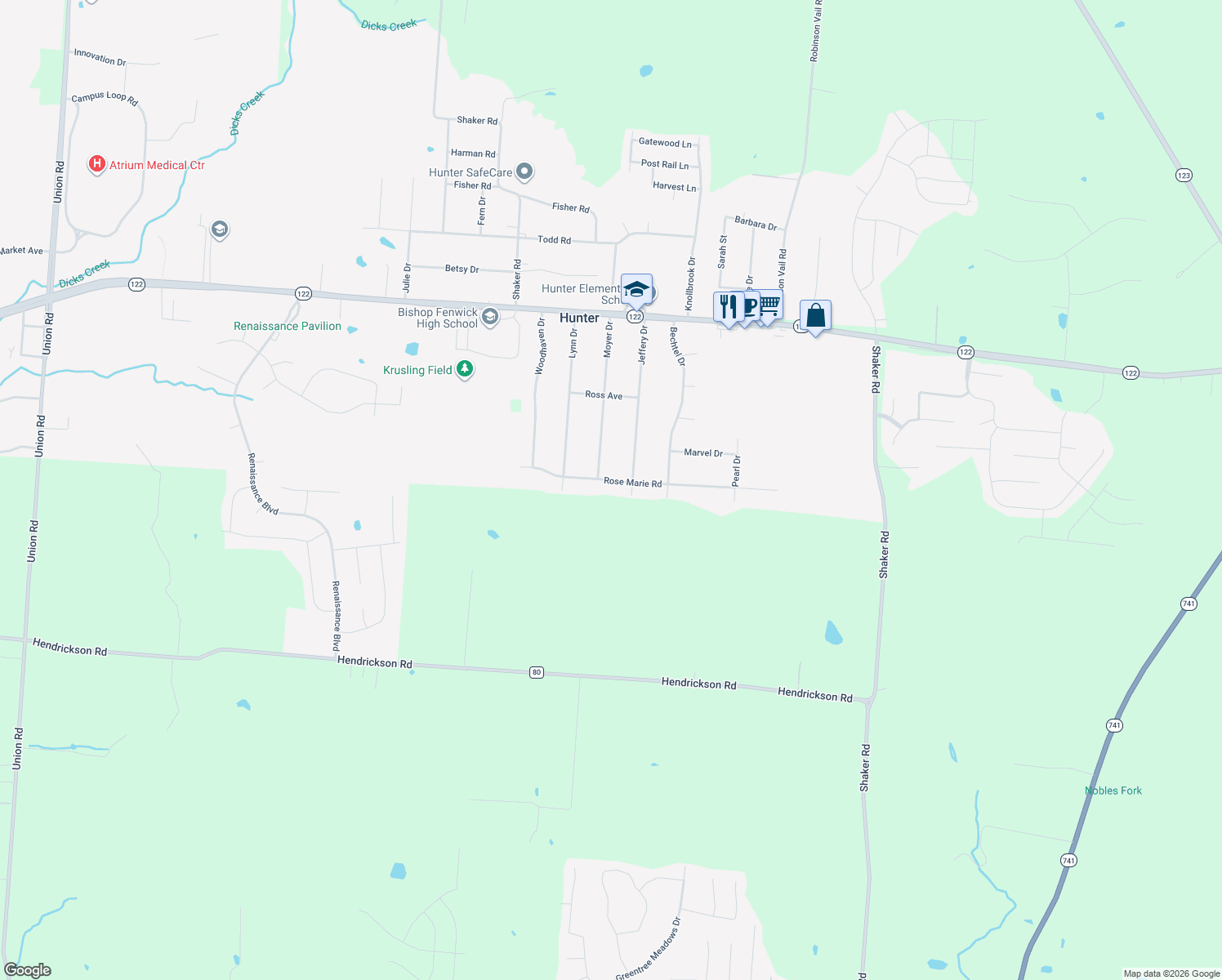 map of restaurants, bars, coffee shops, grocery stores, and more near 4451 Rose Marie Road in Franklin