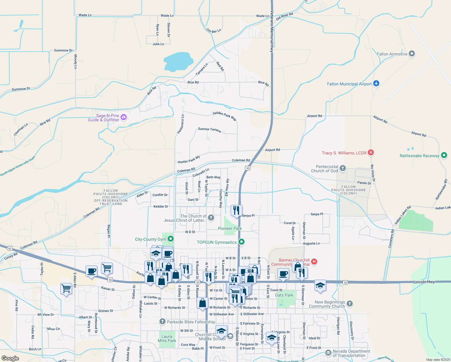 map of restaurants, bars, coffee shops, grocery stores, and more near 795 Elk Horn Way in Fallon