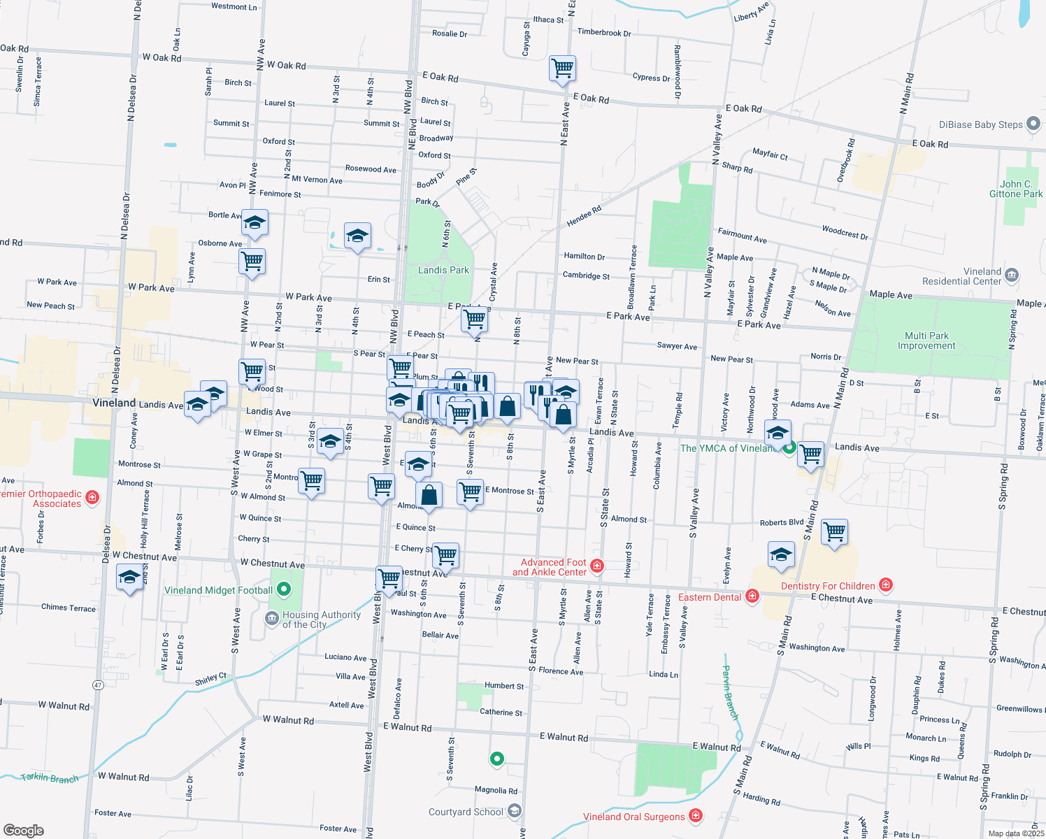 map of restaurants, bars, coffee shops, grocery stores, and more near 814 East Landis Avenue in Vineland