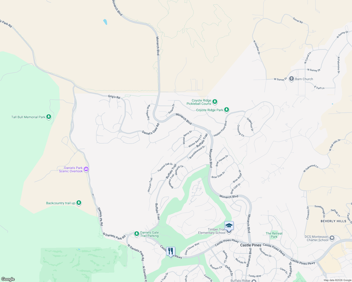 map of restaurants, bars, coffee shops, grocery stores, and more near 6991 Winter Ridge Pl in Castle Pines