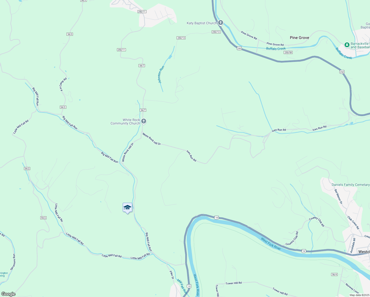 map of restaurants, bars, coffee shops, grocery stores, and more near 838 Ices Run Road in Fairmont