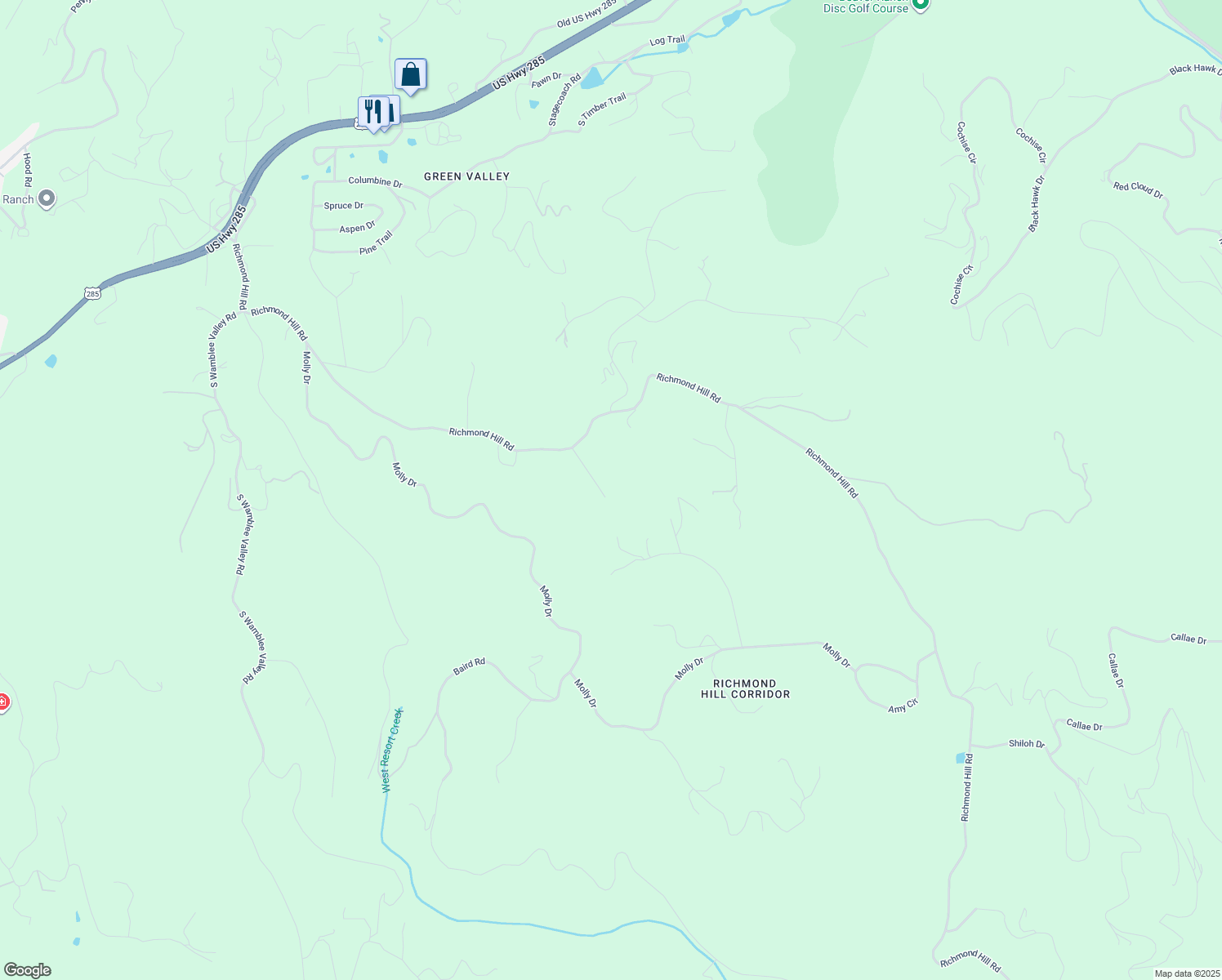 map of restaurants, bars, coffee shops, grocery stores, and more near 27600 Richmond Hill Road in Conifer