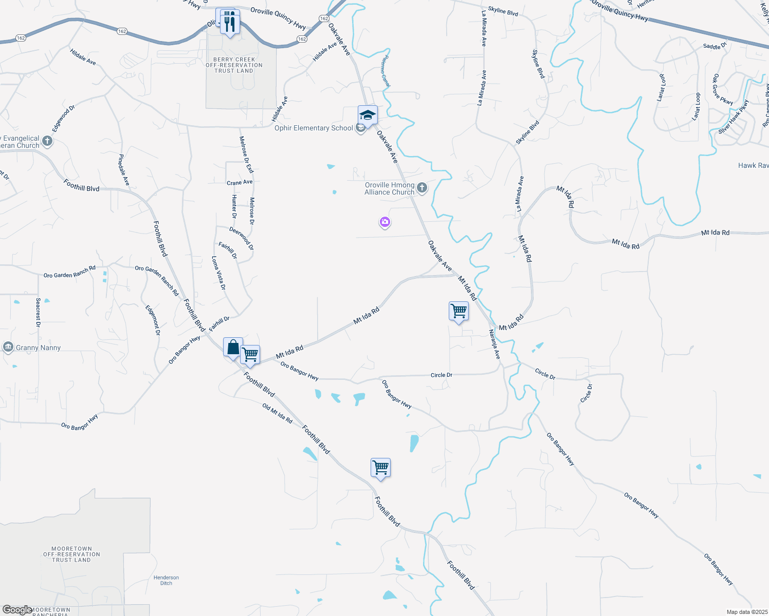 map of restaurants, bars, coffee shops, grocery stores, and more near 339 Mount Ida Road in Oroville