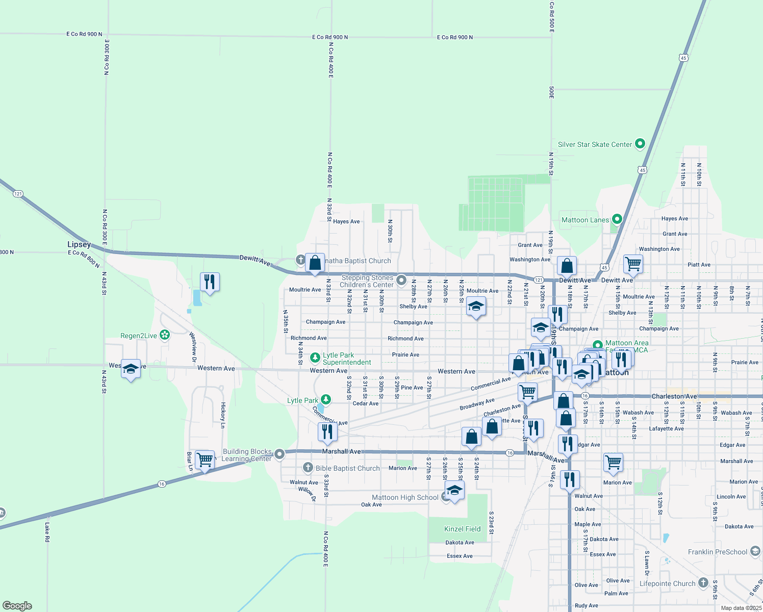 map of restaurants, bars, coffee shops, grocery stores, and more near 2998 Shelby Ave in Mattoon