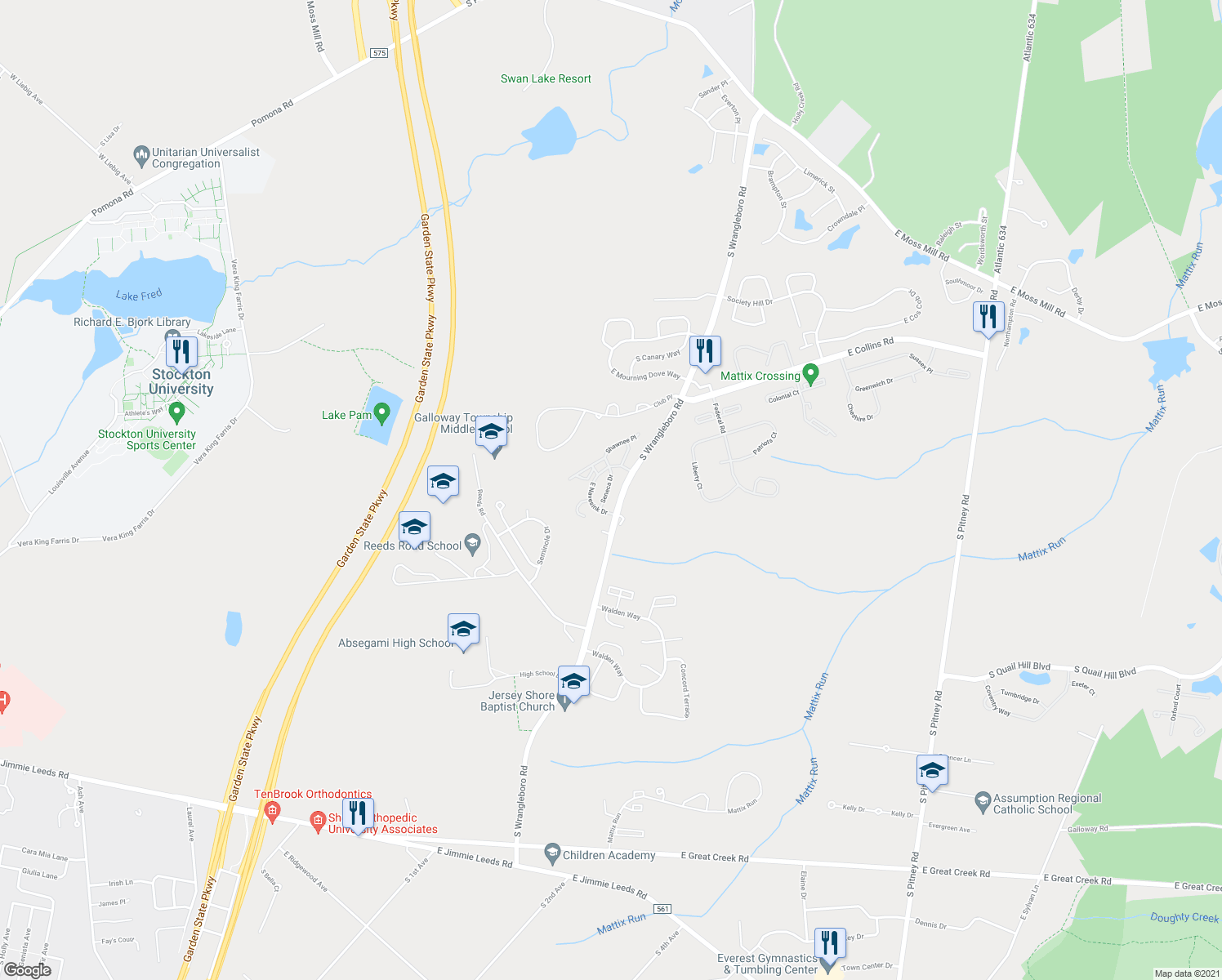 map of restaurants, bars, coffee shops, grocery stores, and more near 41 Seneca Drive in Galloway