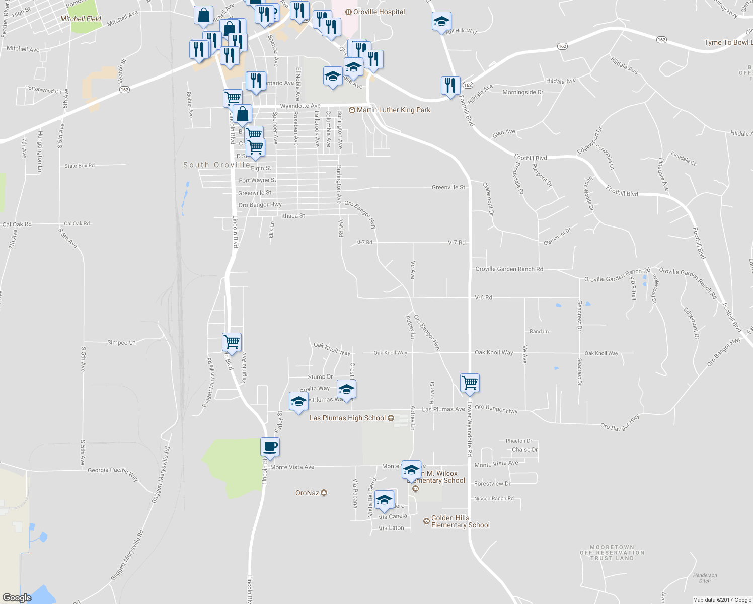 map of restaurants, bars, coffee shops, grocery stores, and more near 2332 V-6 Road in Oroville