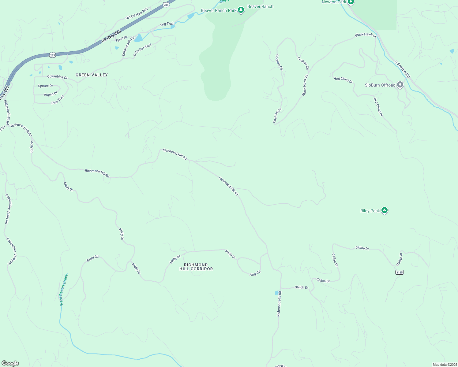 map of restaurants, bars, coffee shops, grocery stores, and more near 26271 Richmond Hill Road in Conifer