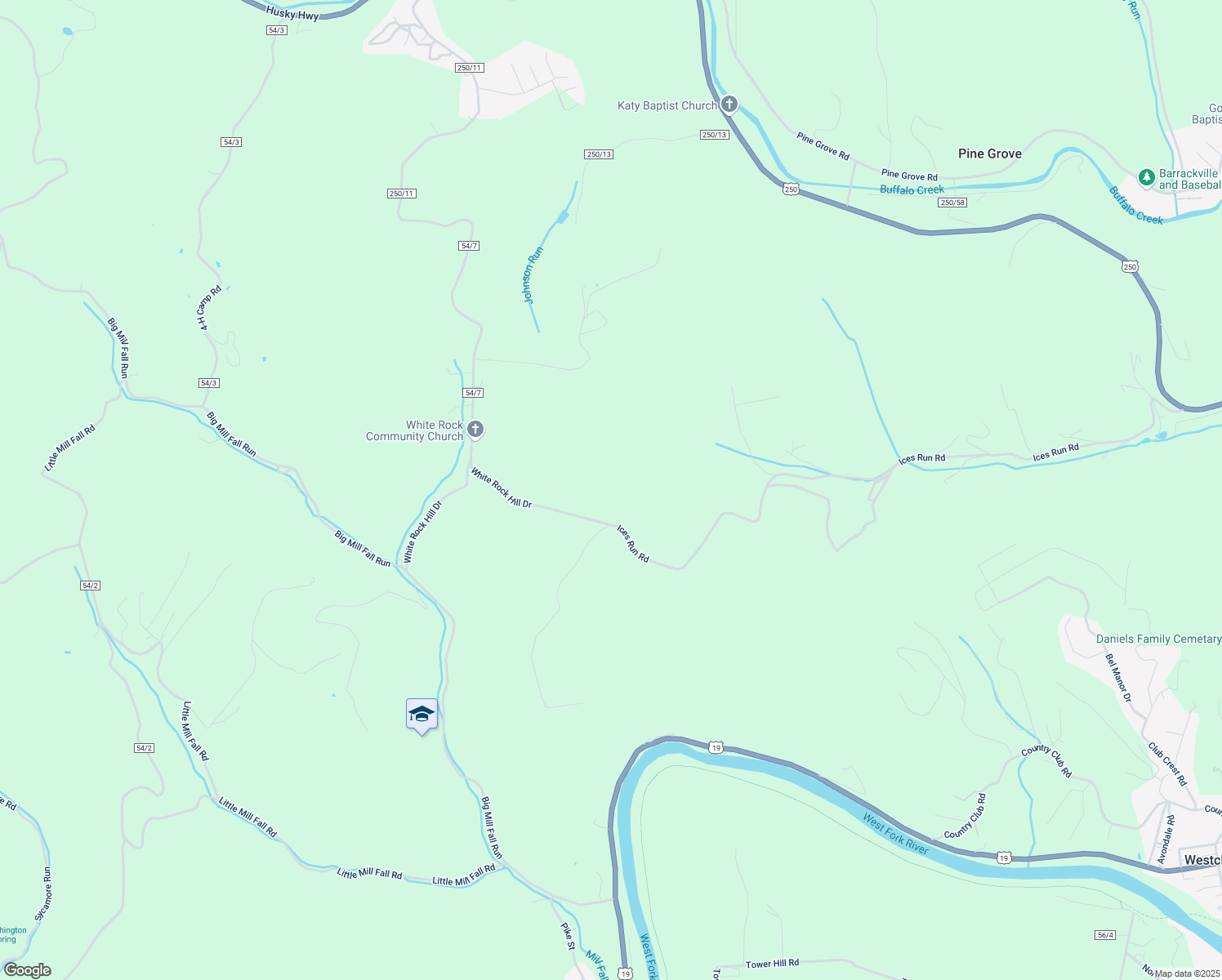map of restaurants, bars, coffee shops, grocery stores, and more near 838 Ices Run Road in Fairmont