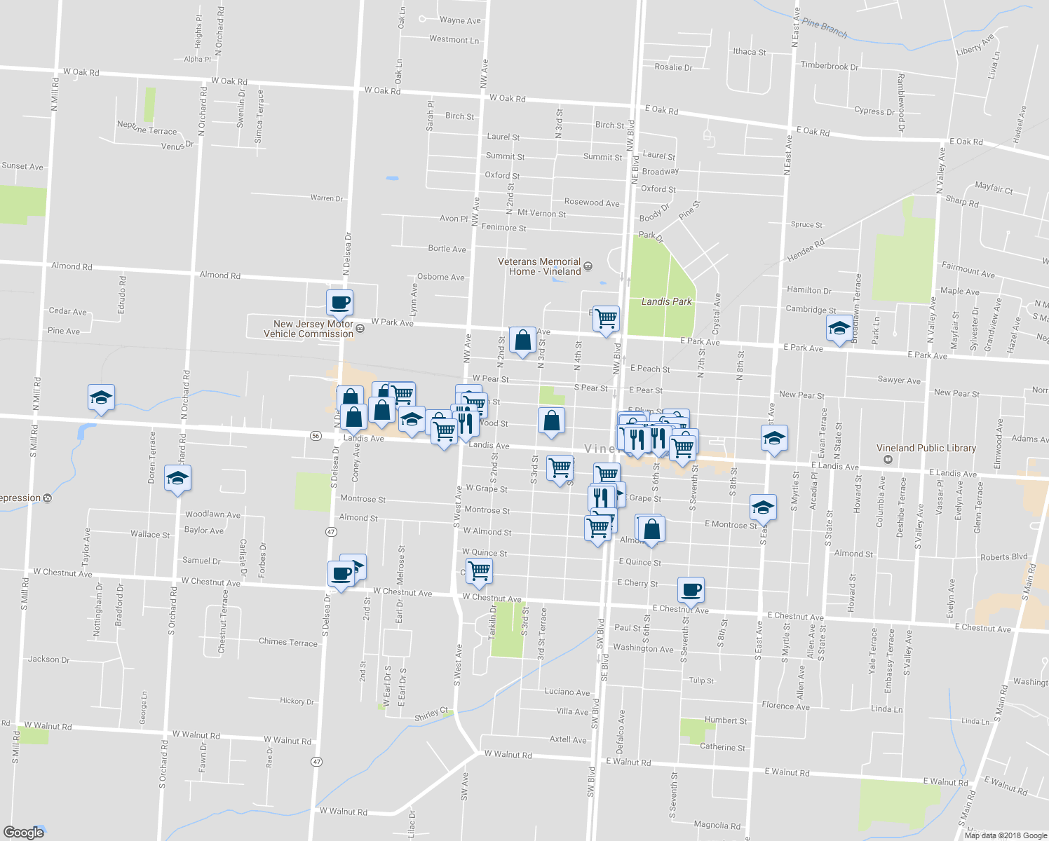 map of restaurants, bars, coffee shops, grocery stores, and more near 236 East Wood Street in Vineland
