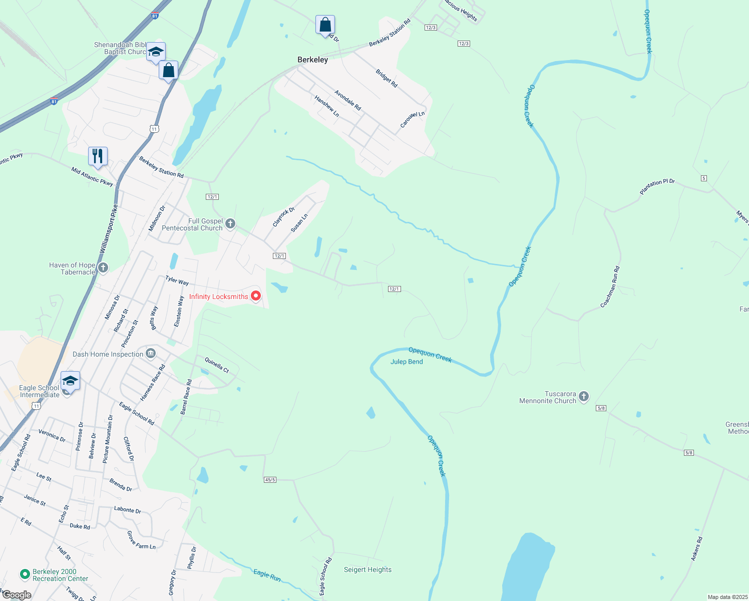 map of restaurants, bars, coffee shops, grocery stores, and more near 84 Dozer Lane in Martinsburg