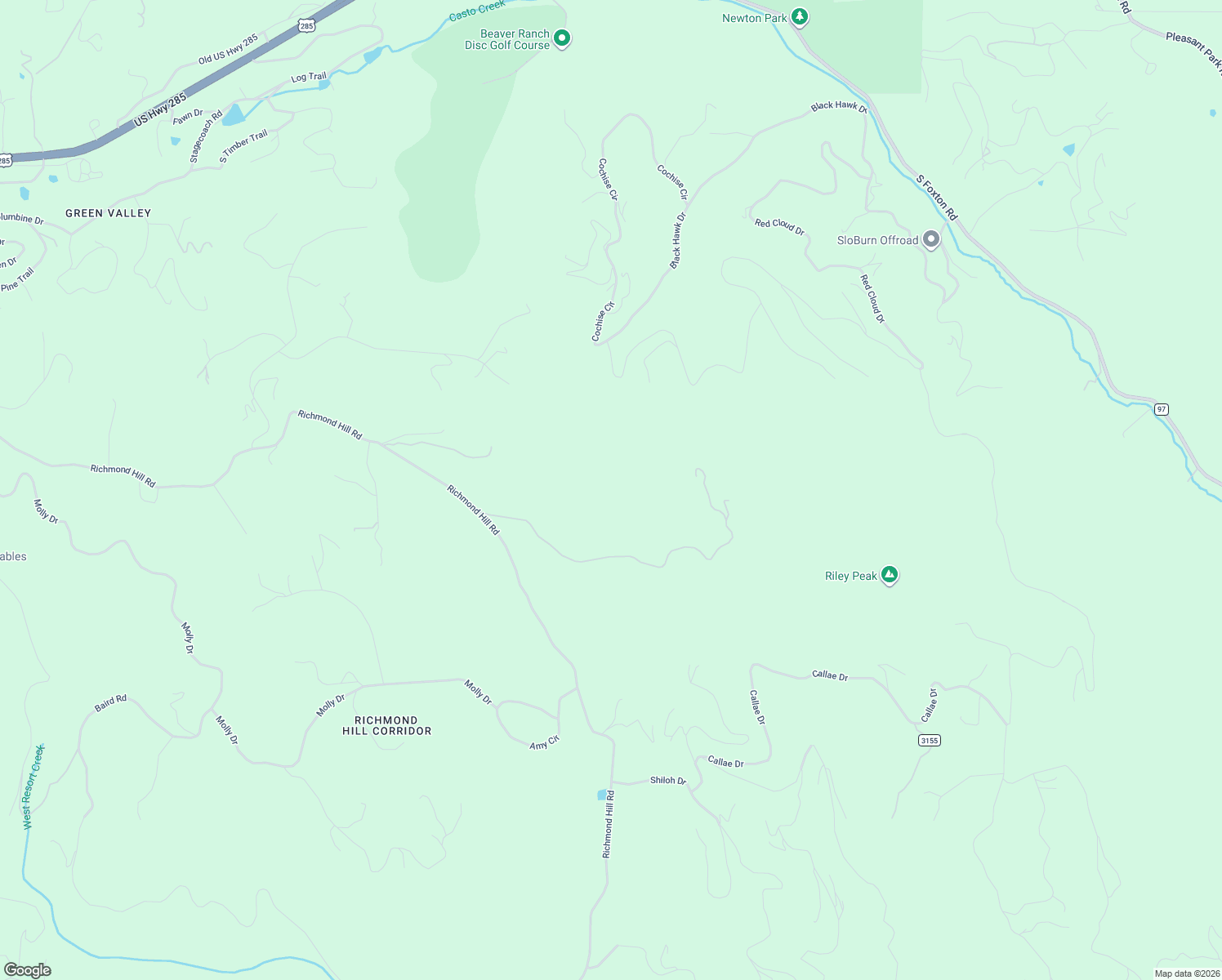 map of restaurants, bars, coffee shops, grocery stores, and more near 26271 Richmond Hill Road in Conifer