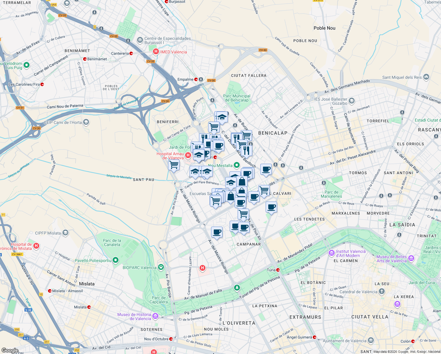 map of restaurants, bars, coffee shops, grocery stores, and more near 15 Avinguda de les Corts Valencianes in València