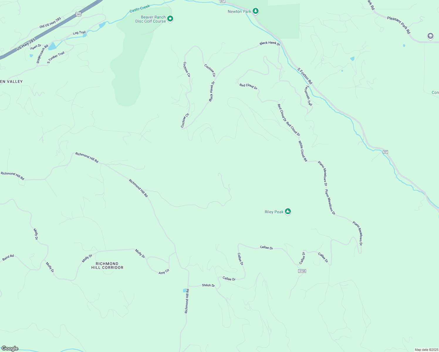 map of restaurants, bars, coffee shops, grocery stores, and more near 26271 Richmond Hill Road in Conifer
