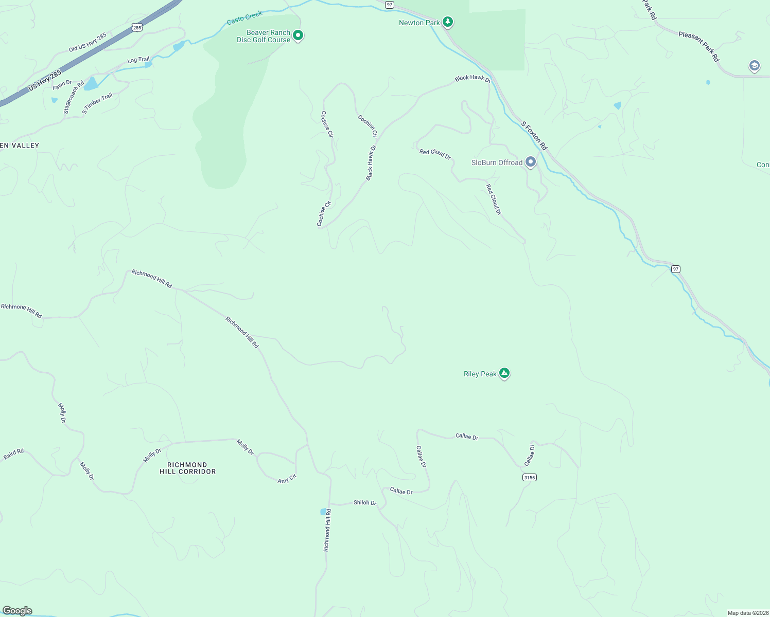 map of restaurants, bars, coffee shops, grocery stores, and more near 26271 Richmond Hill Road in Conifer