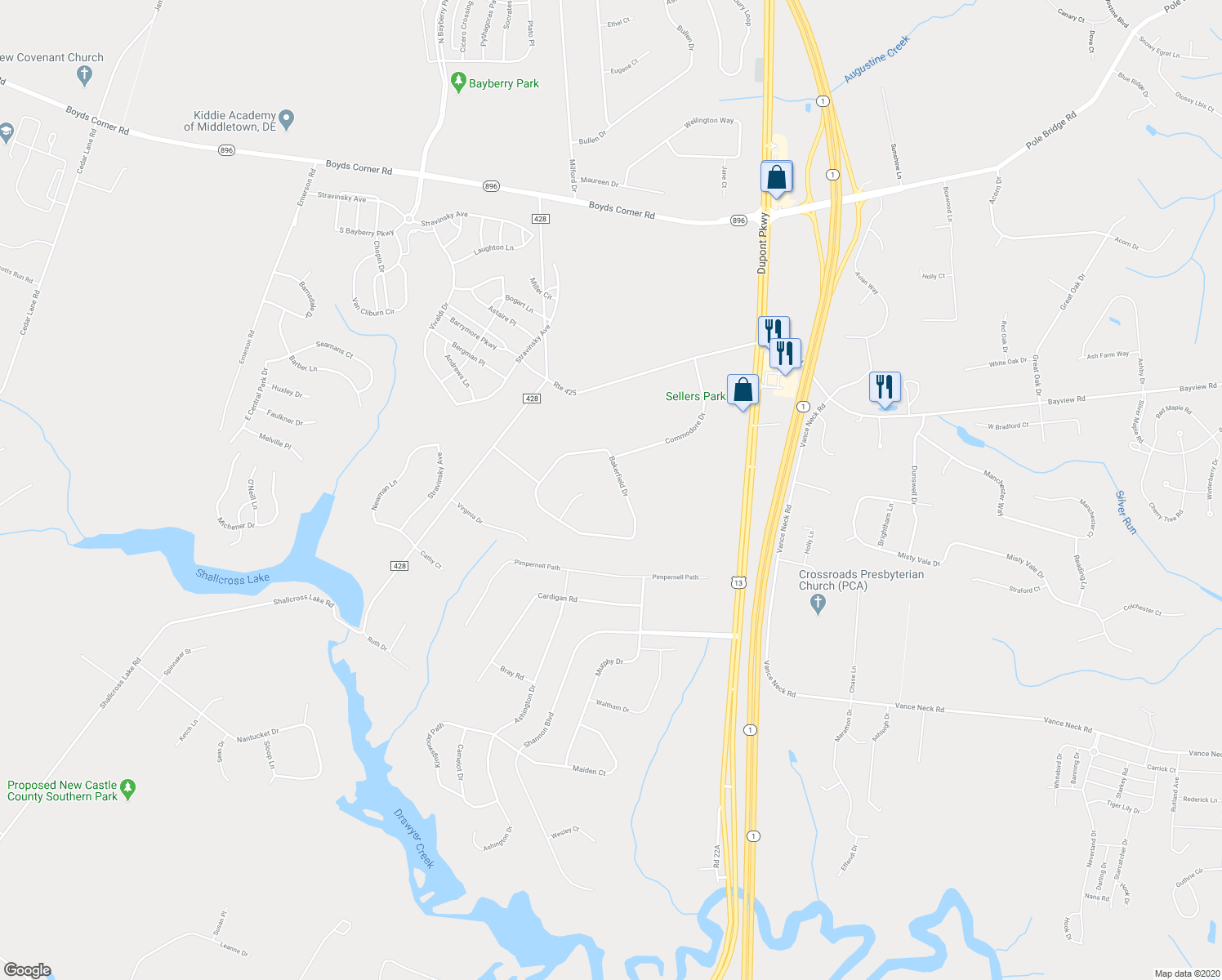map of restaurants, bars, coffee shops, grocery stores, and more near 163 Bakerfield Drive in Middletown
