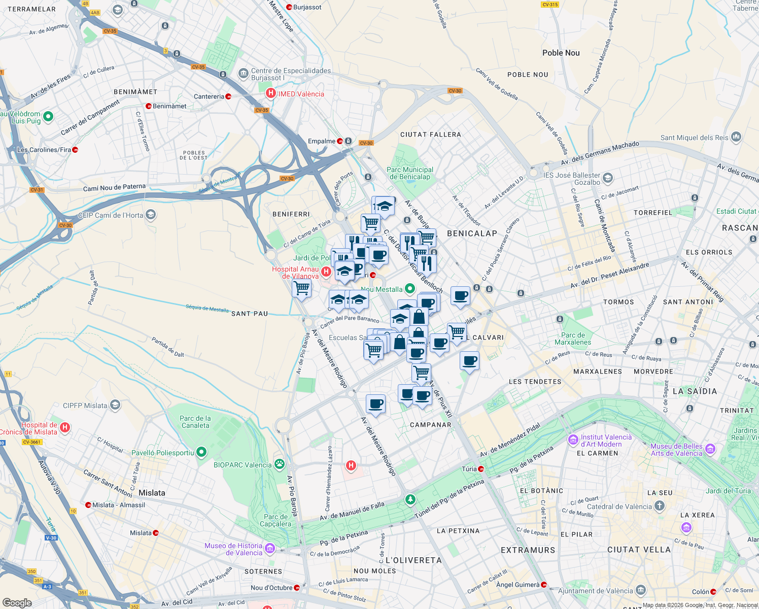 map of restaurants, bars, coffee shops, grocery stores, and more near 15 Avinguda de les Corts Valencianes in València