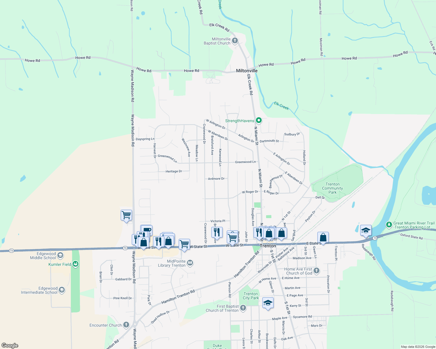 map of restaurants, bars, coffee shops, grocery stores, and more near 423 Kenwood Lane in Trenton