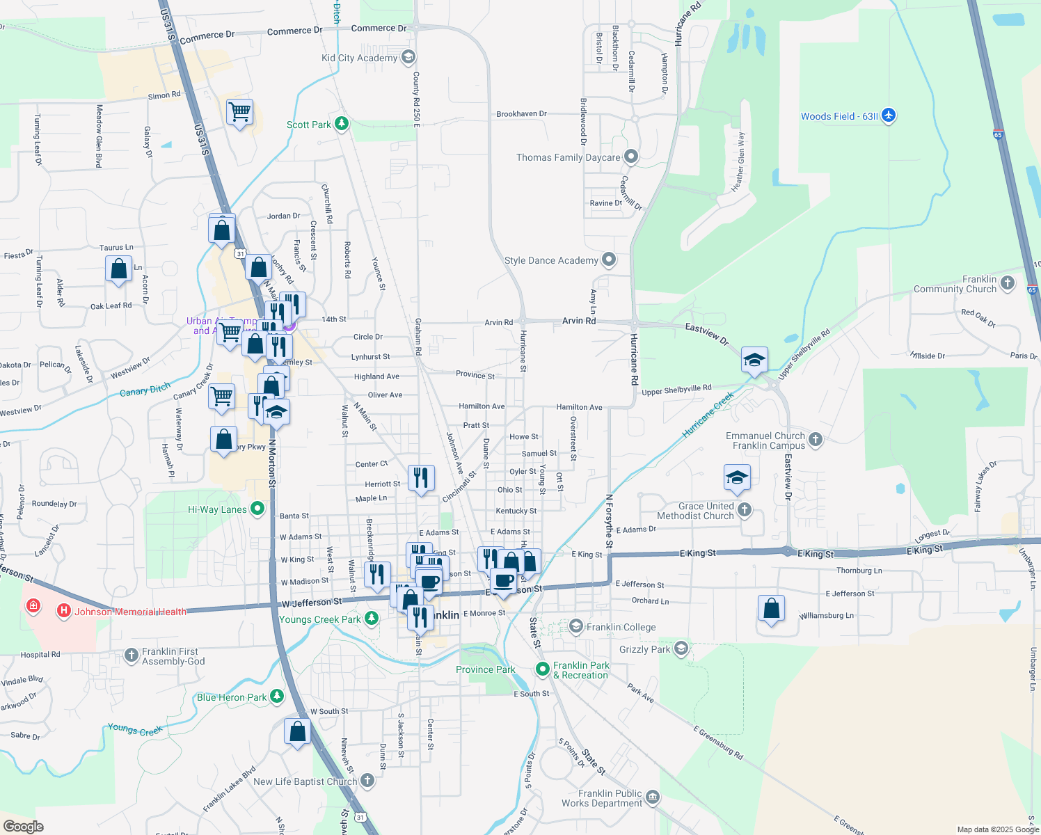 map of restaurants, bars, coffee shops, grocery stores, and more near 898 Hurricane Street in Franklin