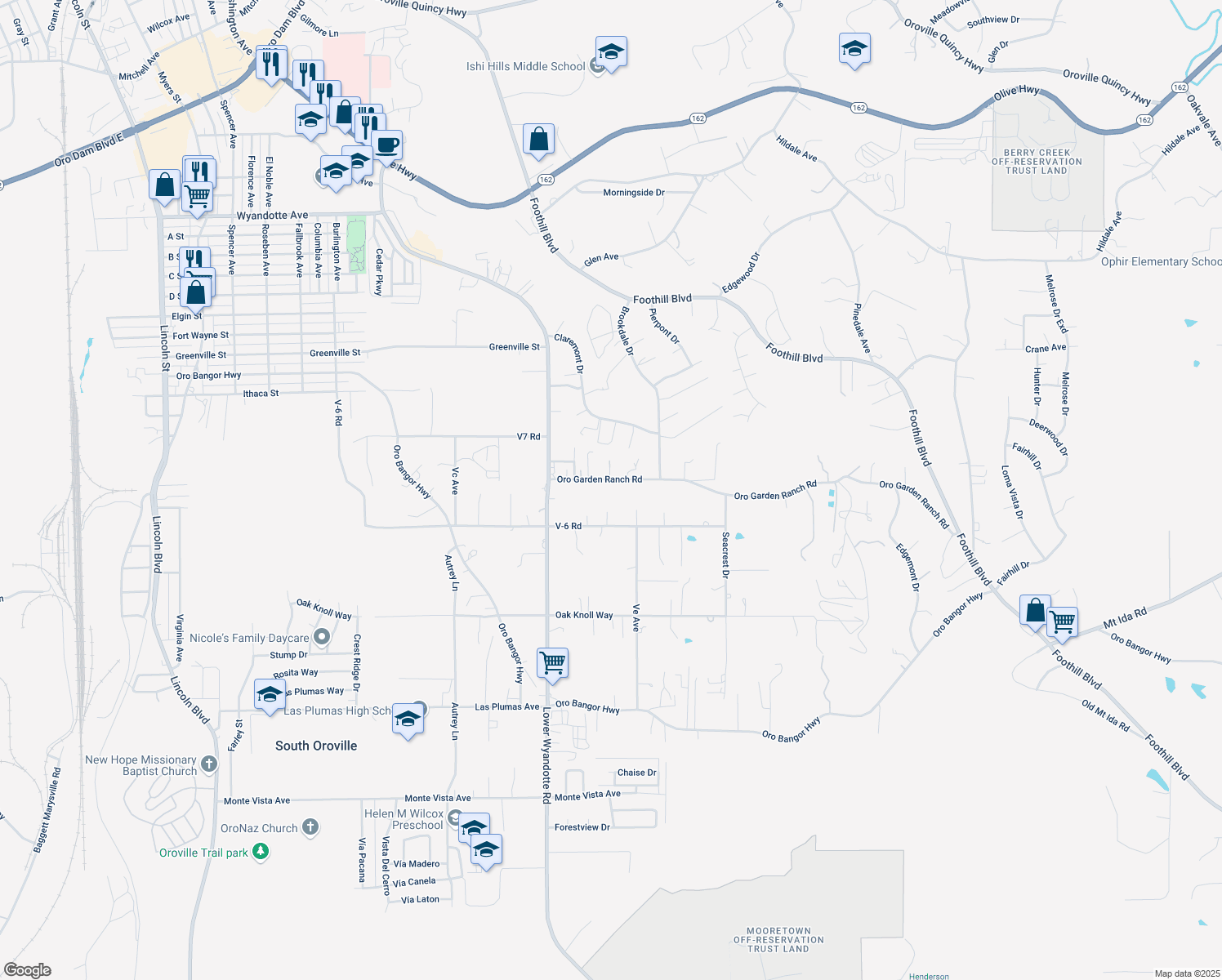 map of restaurants, bars, coffee shops, grocery stores, and more near 2574 Oroville Garden Ranch Road in Oroville