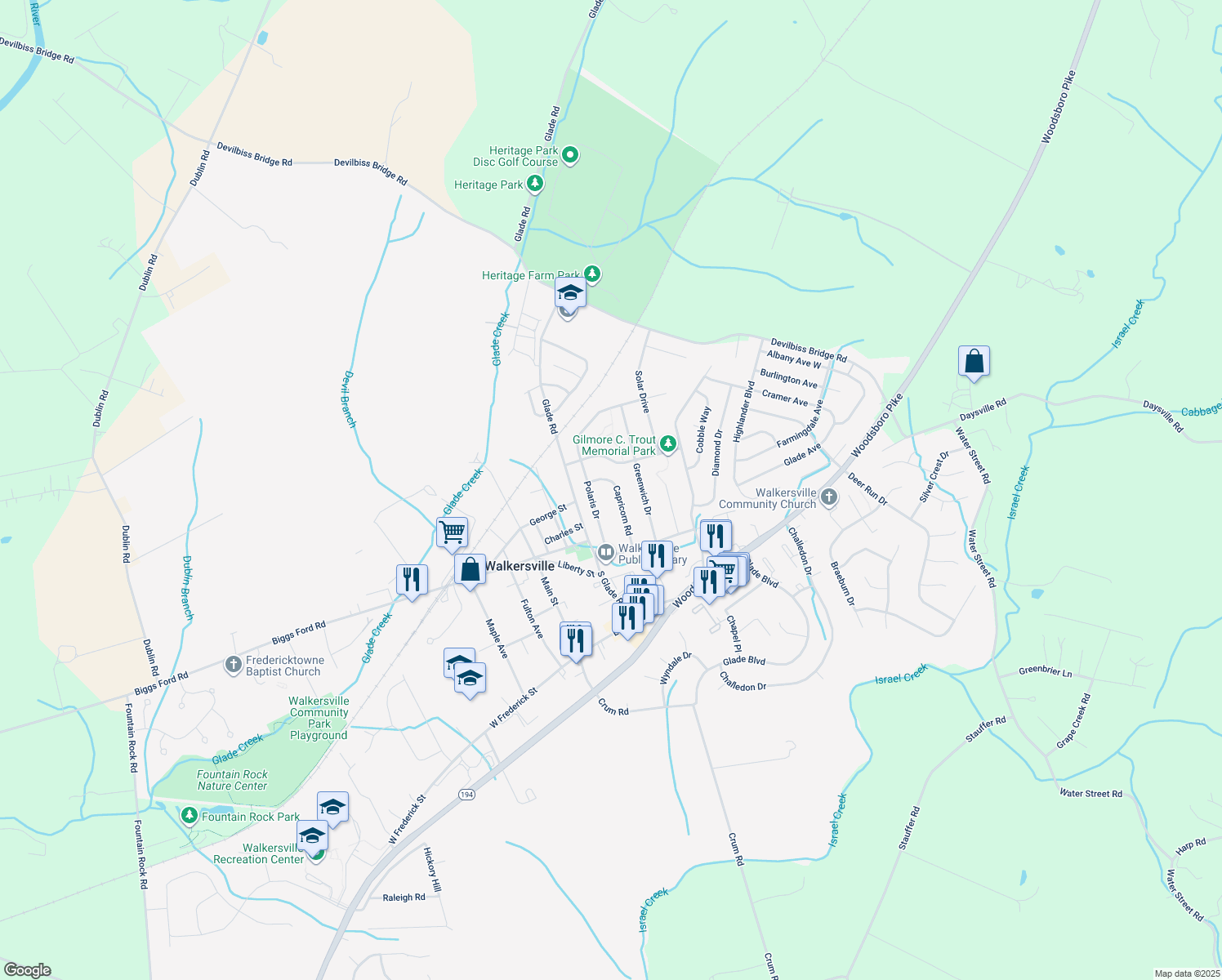 map of restaurants, bars, coffee shops, grocery stores, and more near 127 Capricorn Road in Walkersville