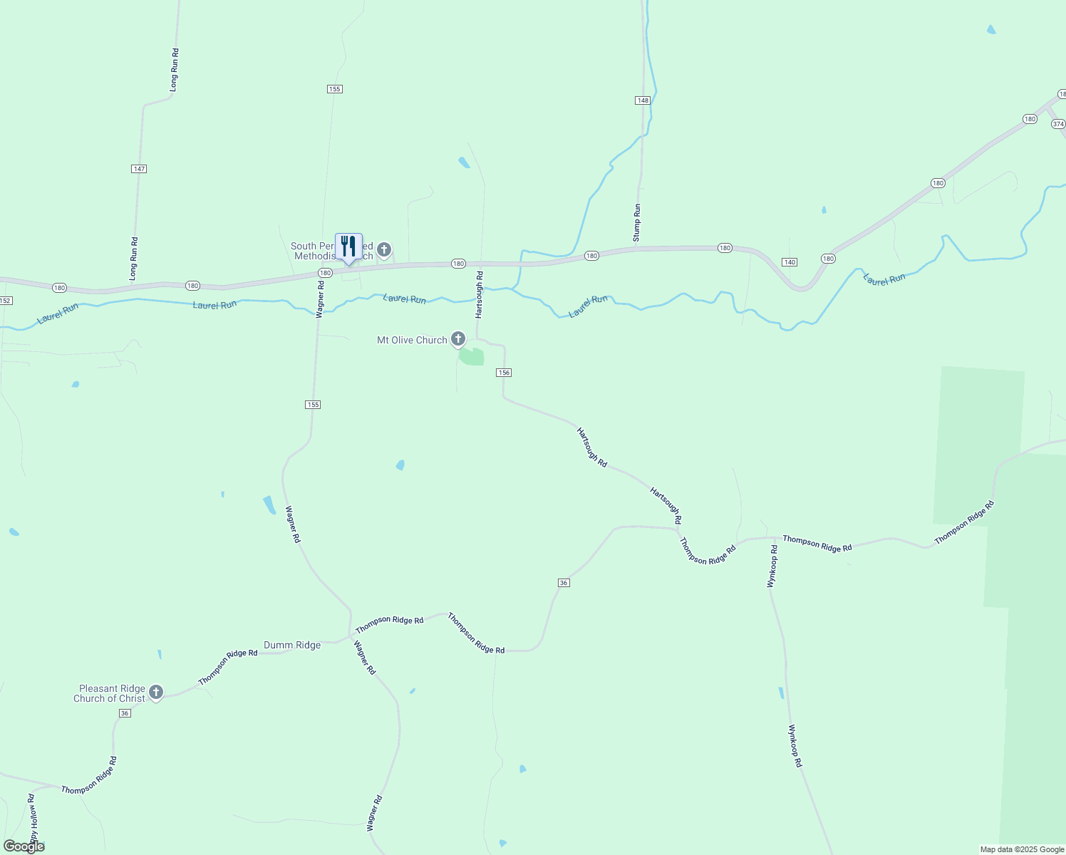 map of restaurants, bars, coffee shops, grocery stores, and more near 17233 Hart Sough Road in Laurelville