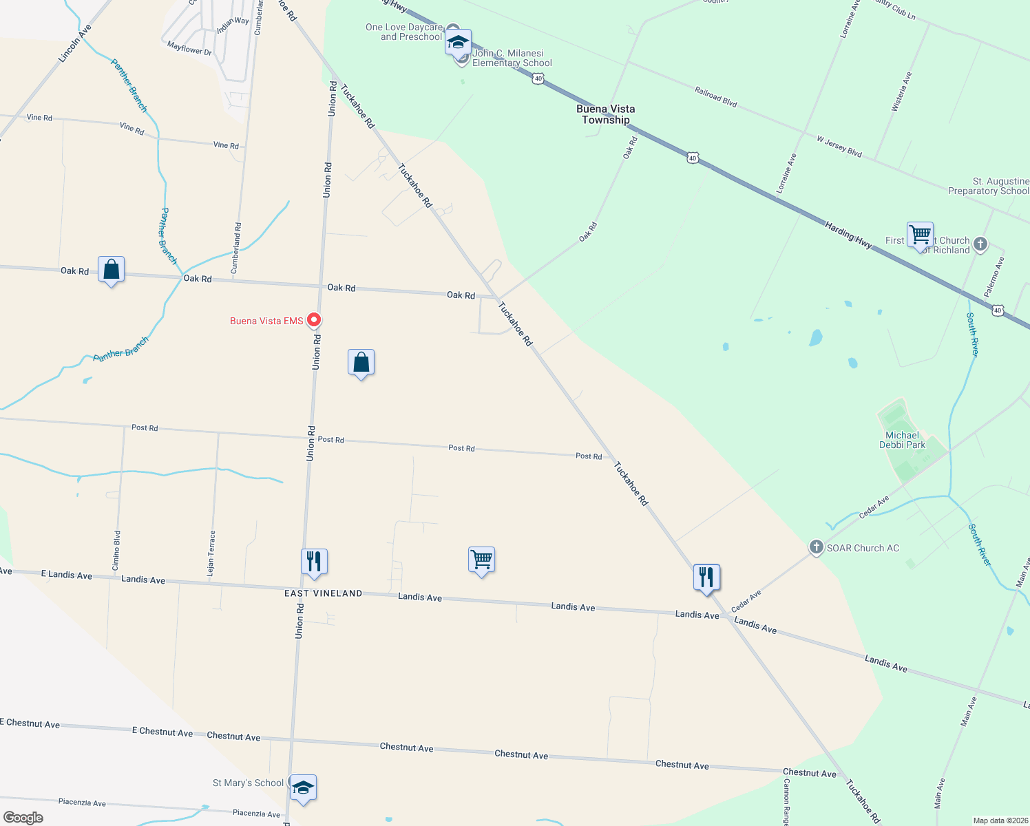 map of restaurants, bars, coffee shops, grocery stores, and more near 4594 Post Road in Vineland