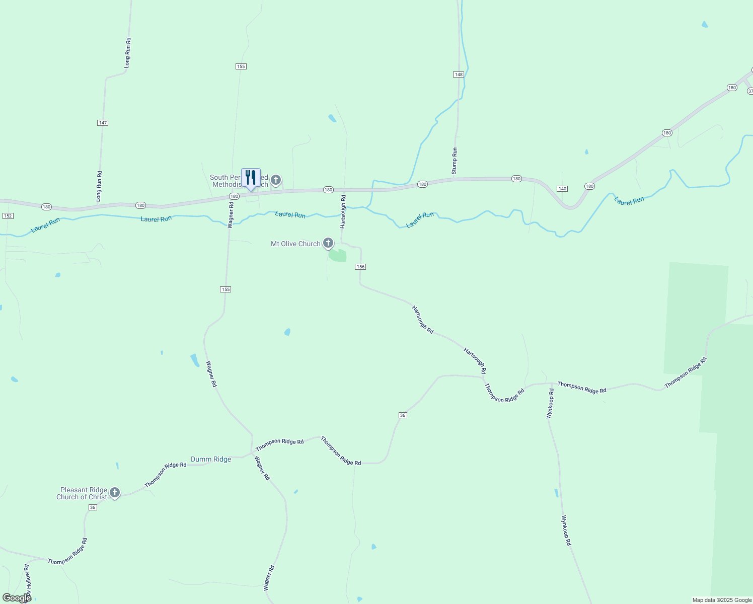 map of restaurants, bars, coffee shops, grocery stores, and more near 17233 Hartsough Road in Laurelville
