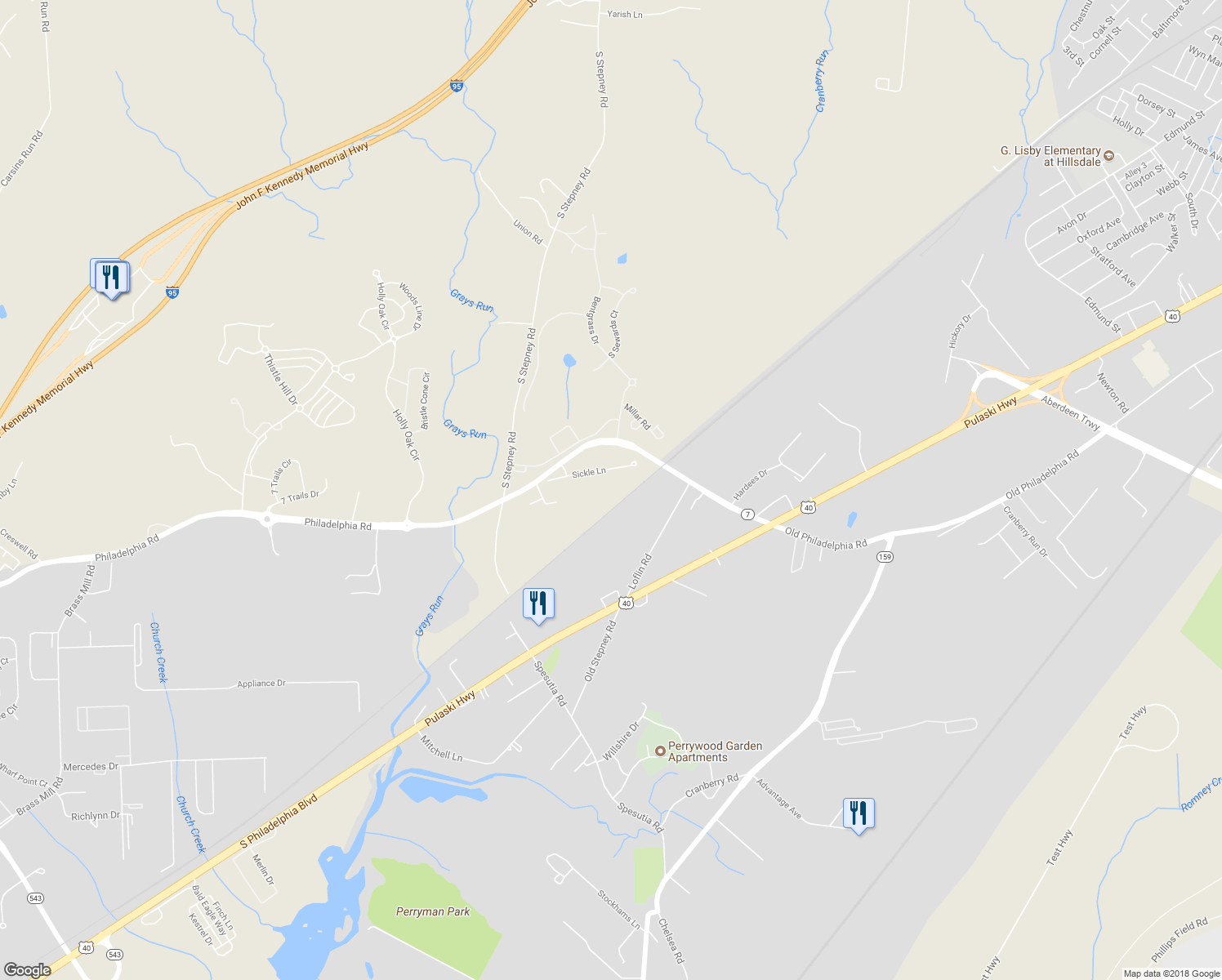 map of restaurants, bars, coffee shops, grocery stores, and more near 1423 Old Philadelphia Road in Aberdeen